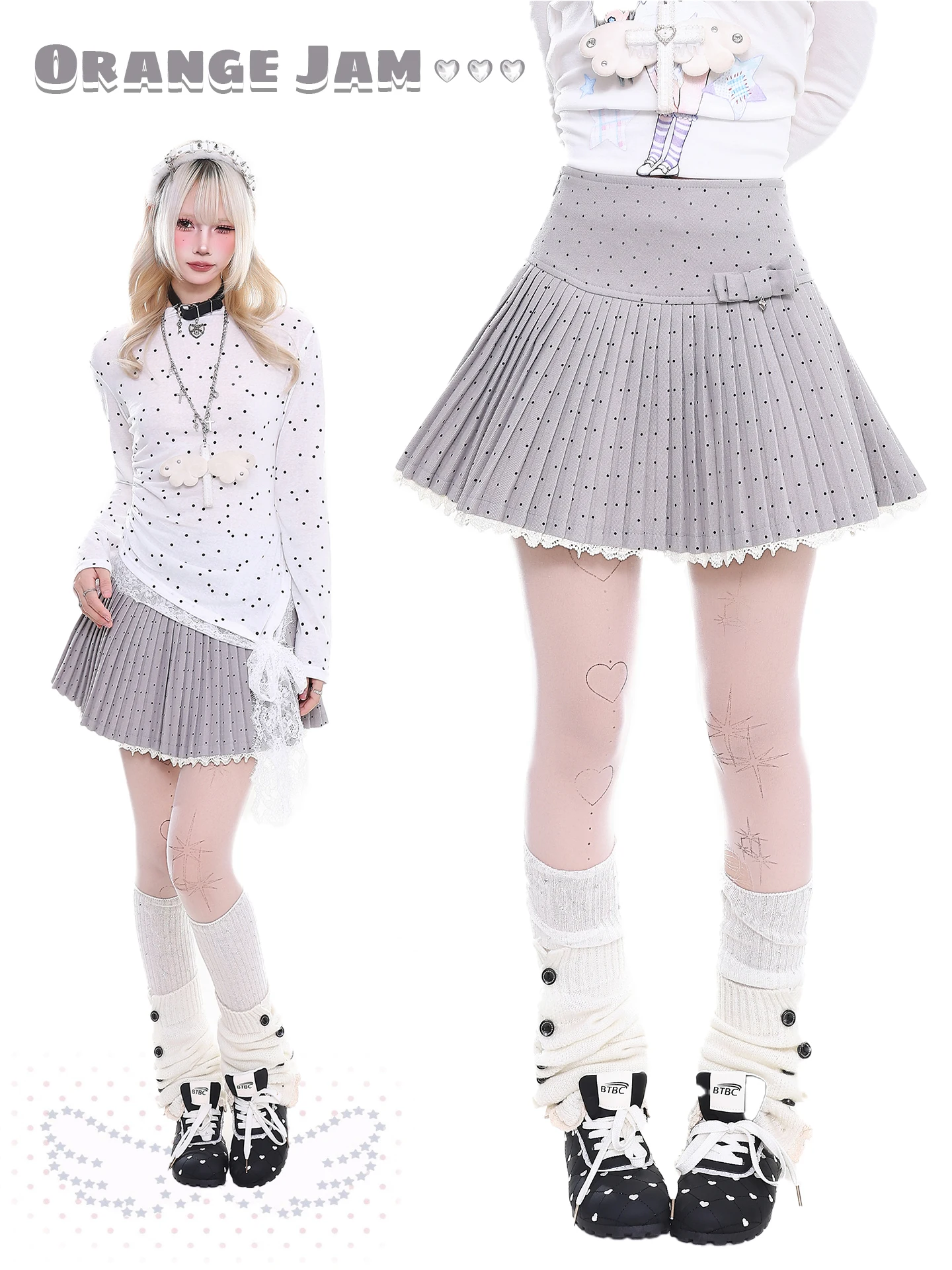 

Early Taste Y2K Girl Dot A-Line Slimming College Sle Splicing Lace ort Skirt Orange Marmalade Vintage High Waist Pleated