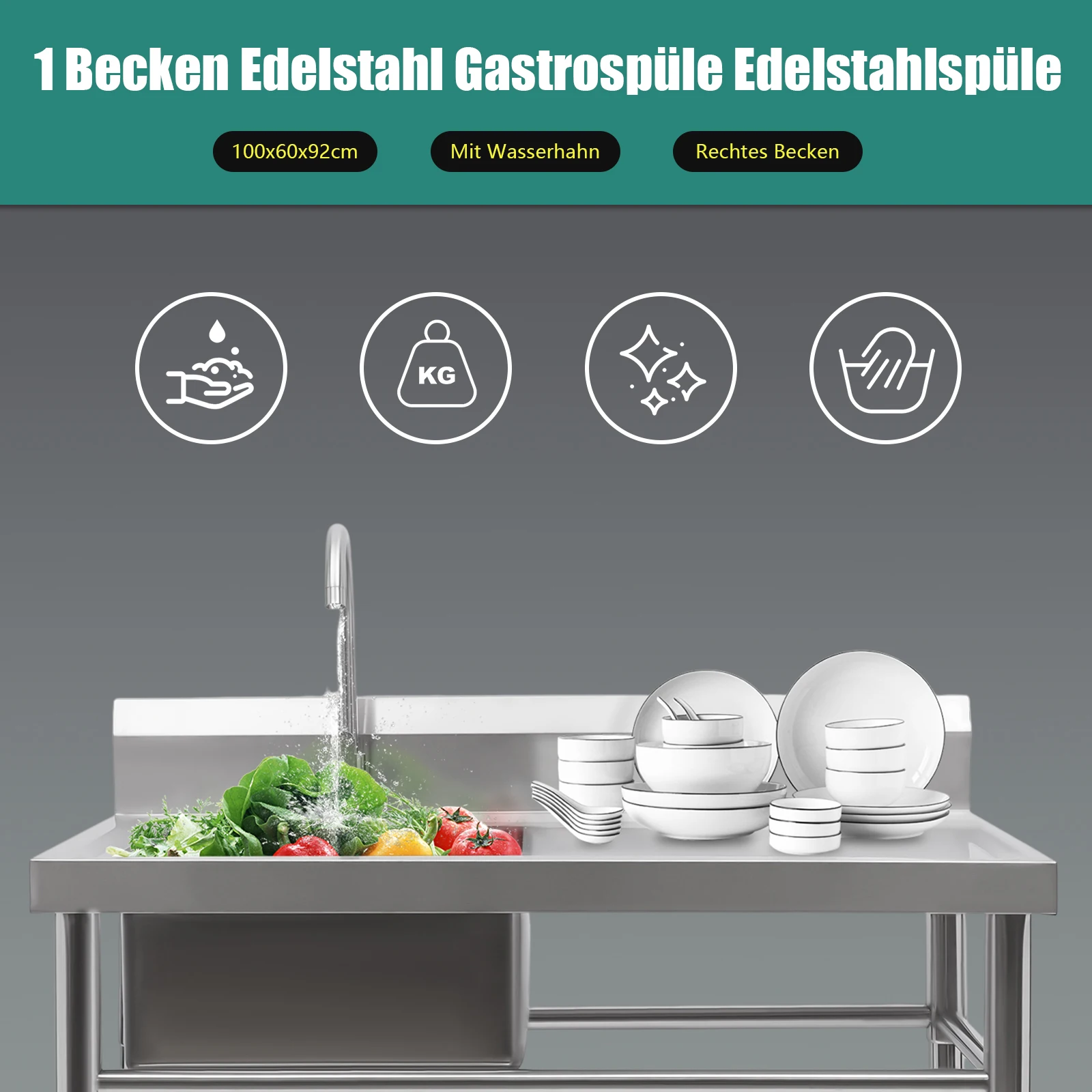 حوض فضي تجاري من الفولاذ المقاوم للصدأ - 39 × 24 × 37 بوصة، حوض فردي، قائم بذاته، مع صنبور وصرف، للمطعم/الغسيل