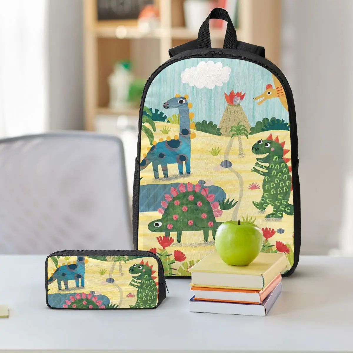 Cartoon Dinosaur World Scenery Backpack Boys Girls BookBag School Bag Shoulder Bags 3ps Insulated Lunch Bag Pencil Case