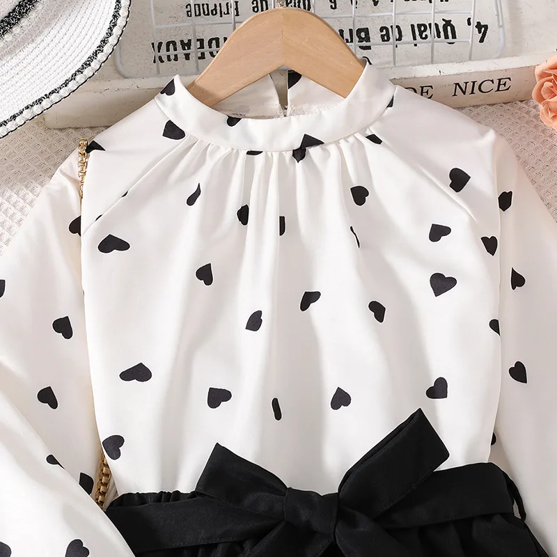 8-12 Years New Spring Autumn Girls Clothing Set Full Print Heart Pattern Shirt+ Pants 2Pcs Suit For Kids Send Bow Belt