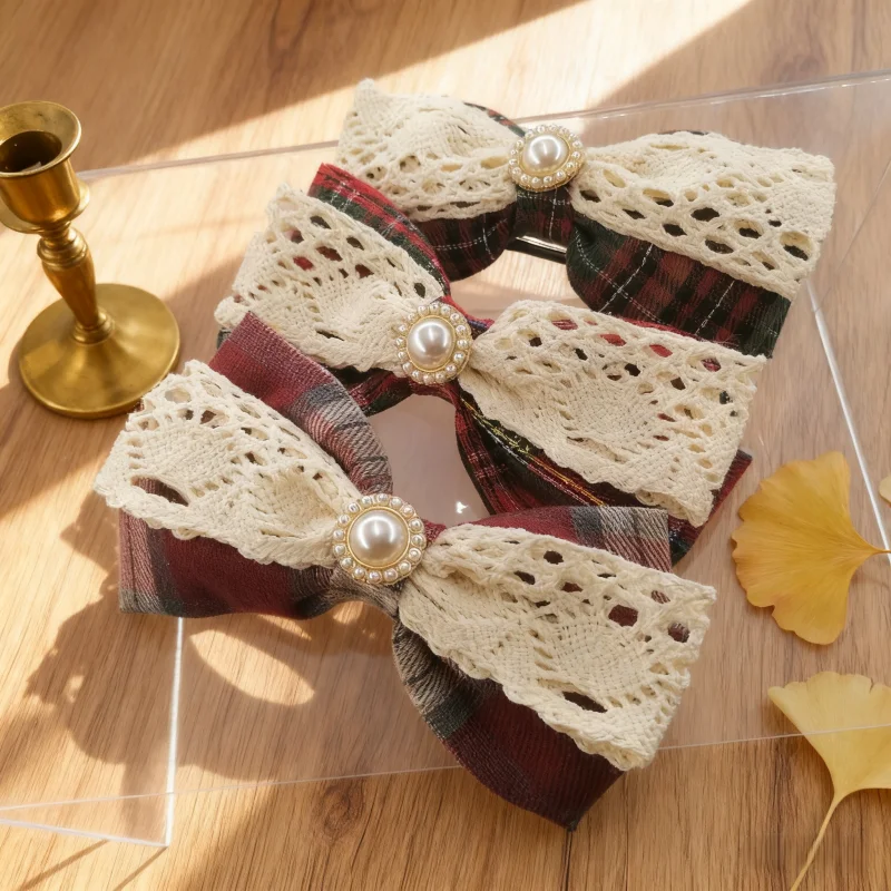 

Korean Plaid Hair Clips Spring Clip with Lace Pearl Decor Retro Tartan Hair Accessories for Women Girls Hair Styling Fall Winter