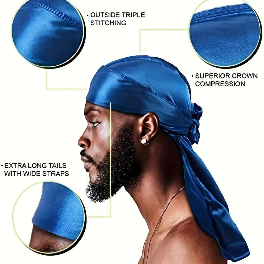 Men's Silk Durag Bonnet Bandana Silky Du Rag Doo Rag Long Tail Waves Cap