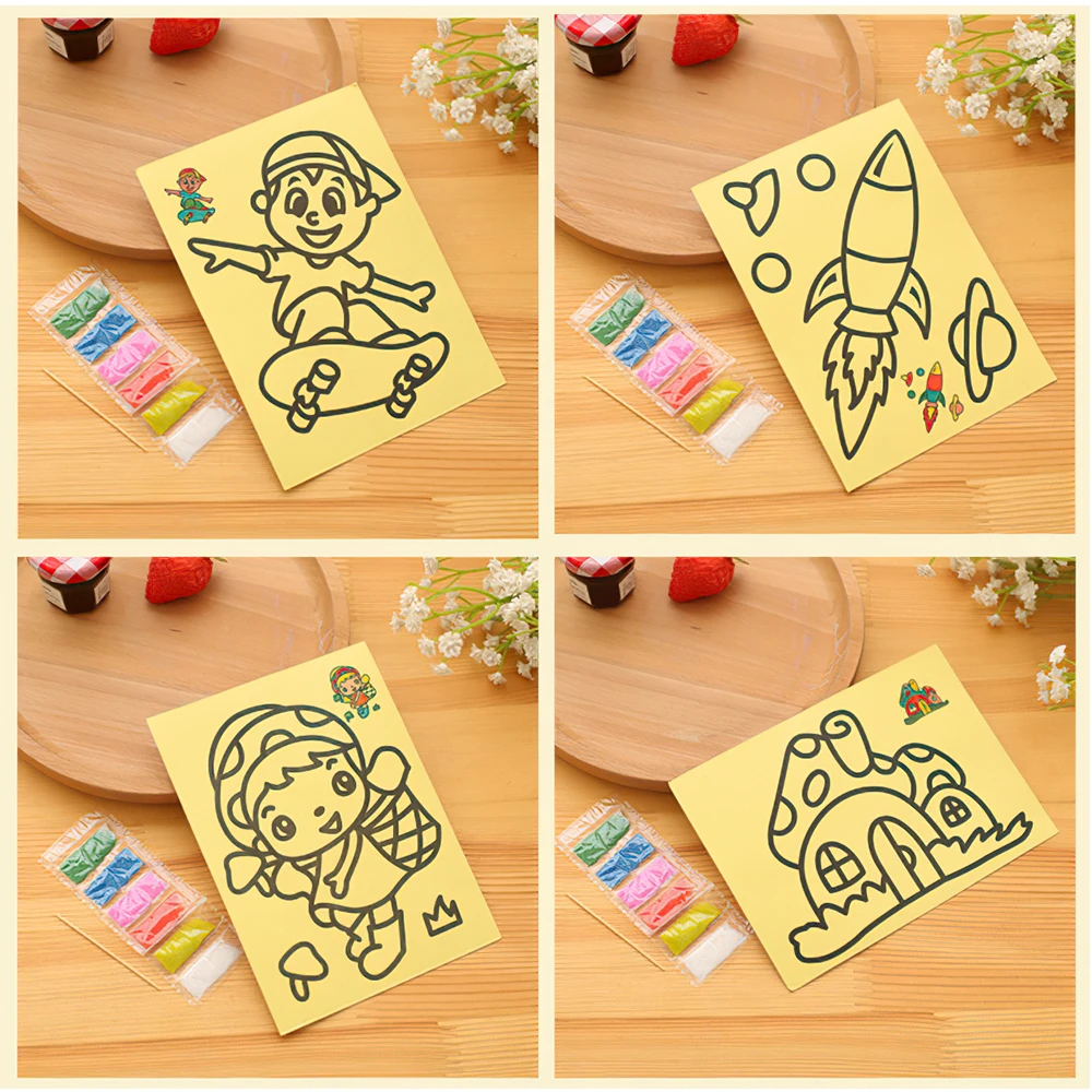 4/8Sets Kinderen Tekenen Zand Schilderij Foto 'S Kid Diy Ambachten Onderwijs Speelgoed Voor Jongens Meisjes Schema Sticker Cartoon Patroon