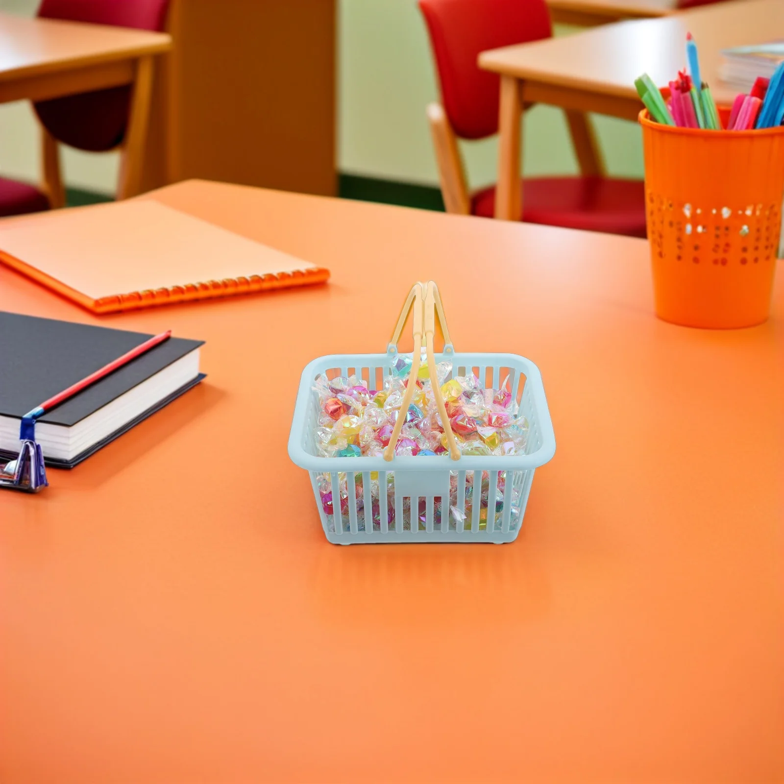 Mini paniers de courses en plastique couleur Macaron, 6 pièces, panier d'épicerie portatif, chariot de marché en Imitation rotin pour enfants, jeu de simulation