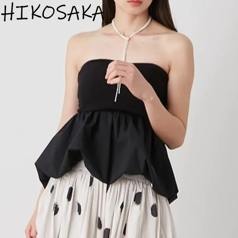 

Sexy Off Shoulder Slash Neck Boob Tube Top Ruffles Patchwork Knit Camis Tanks Japan Style Chic Elegant Sueteres Mujer Moda