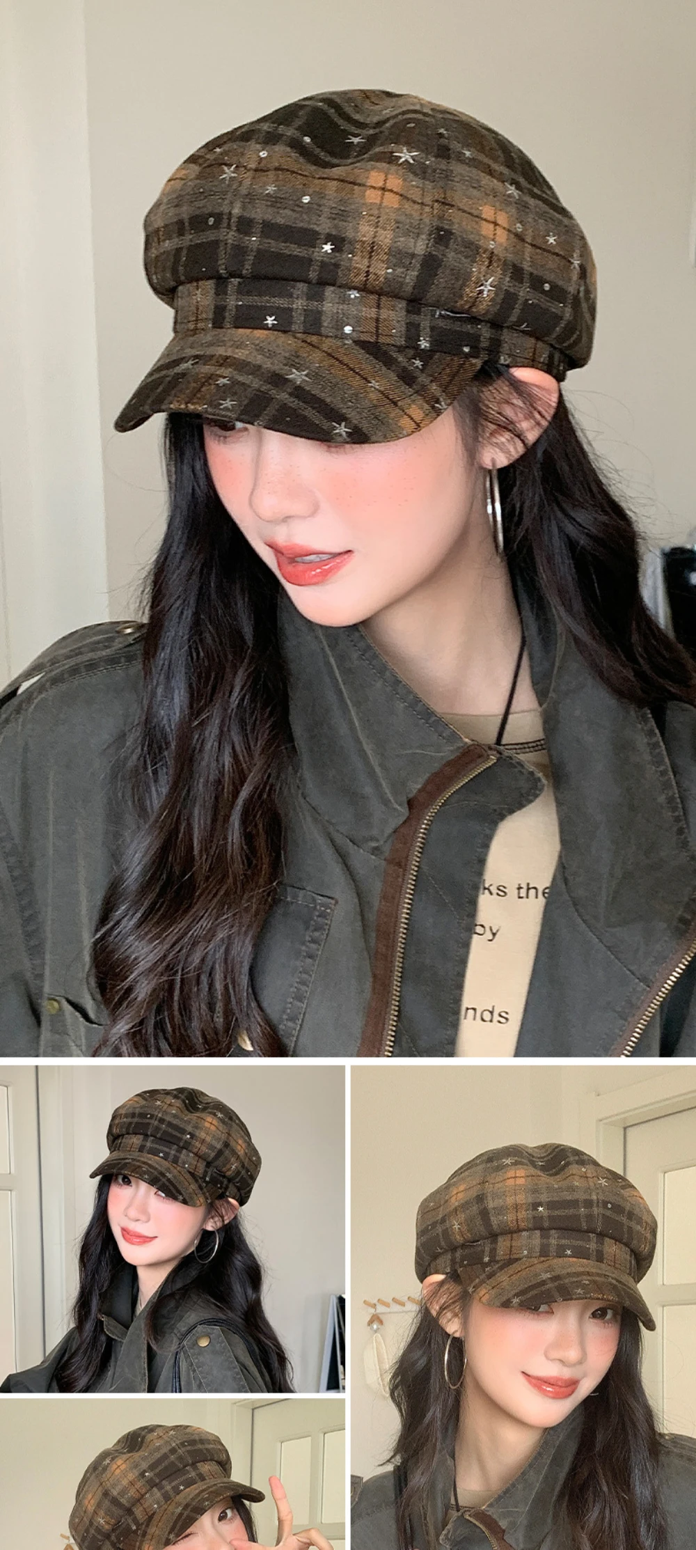 HT5147 Baskenmützen für Damen Frühling Herbst Newsboy-Mütze Damen Sternen-Karo-Künstler-Malermütze 2026 Neue Damen-Achteck-Baskenmütze – Detail 4