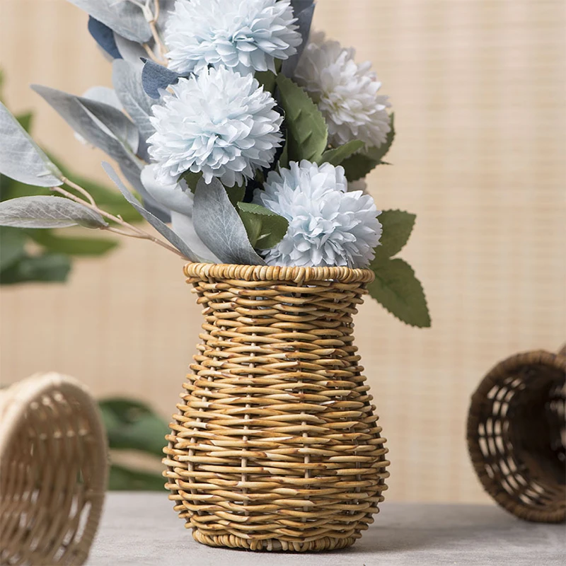 Pastoral Style Handmade Rattan Vase Dried Flowers Arrangement Vase Desktop Decorative Small Vases Wedding Party Home Decorations