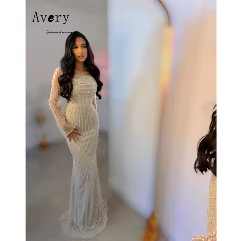 Avery Customized White Beaded Long Sleeve Sweetheart Elegant Chic Woman Evening Dress Luxury 2025 Custom Dress Dresses Party