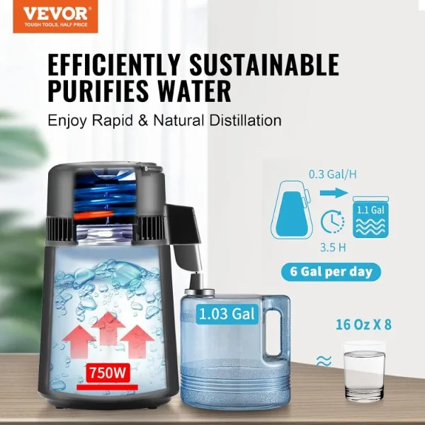 VEVOR Water Distiller, 4L 1.05 Gallon Pure Water Purifier Filter for Home Countertop, 750W Distilled Water Maker