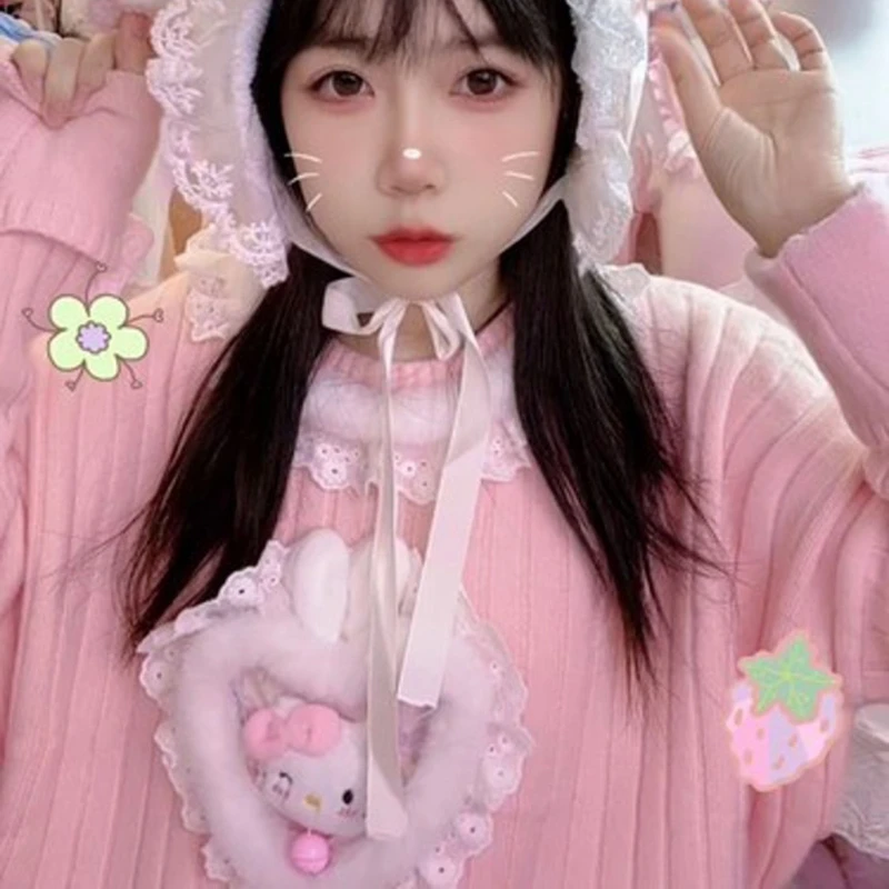 Original Handmade HelloKitty Spicy Pure Desire Wind Sweet Versatile Autumn/Winter Cute Pink Knitted Sweater Sweet Girl Sweater