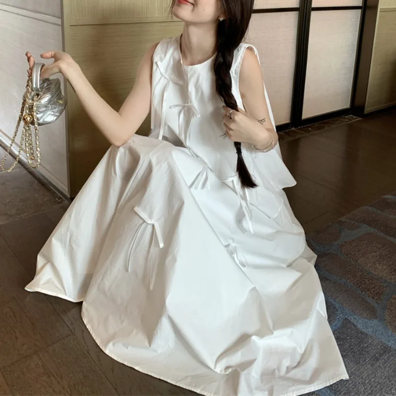 女性のための弓付きの白いドレスのセット,ノースリーブのトップ,ルーズ,シック,韓国スタイル,ハイウエスト,学生服,夏