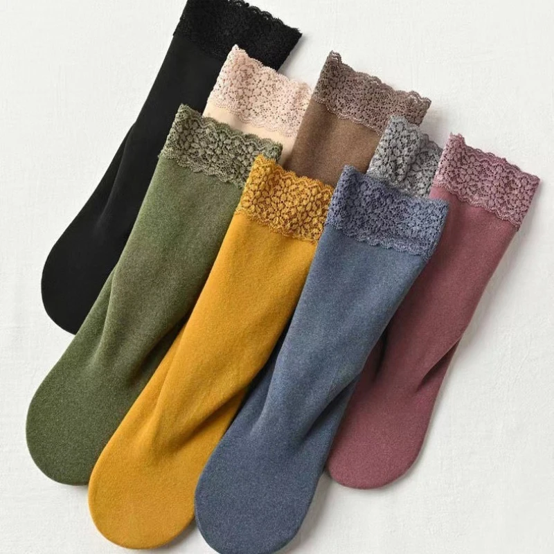 1/8 Paar Damen-Herbst-Winter-Socken mit Spitzenrand, mittellange Socken, dicke, warme, einfarbige, einfache, bequeme Freizeitsocken für Damen