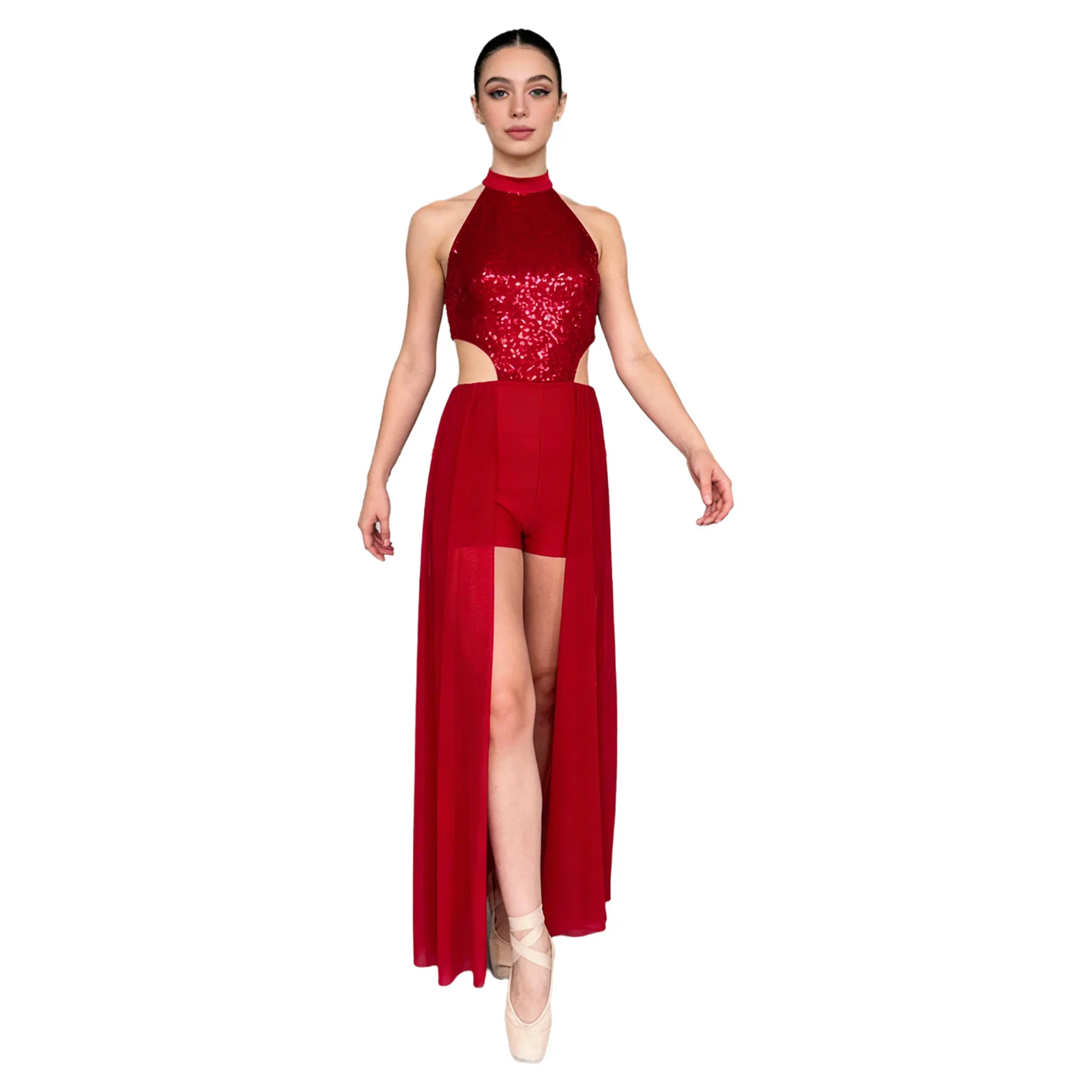 

Womens Lyrical Modern Dance Costume Sequined Top Short Bottom Integrated Mesh Skirt Backless Bodysuit Dress Ballroom Dancewear