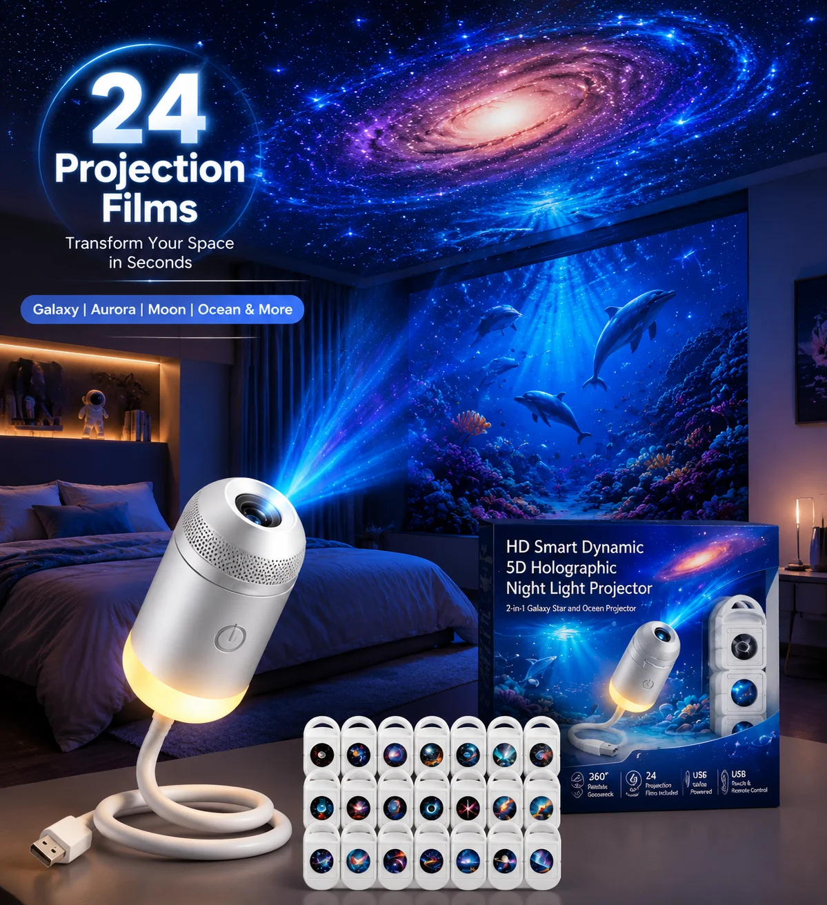 HD Smart Dynamic 5D Holographic Night Light Projector, 2-in-1 Galaxy Star and Ocean Projector with 24 Films for Bedroom Decor