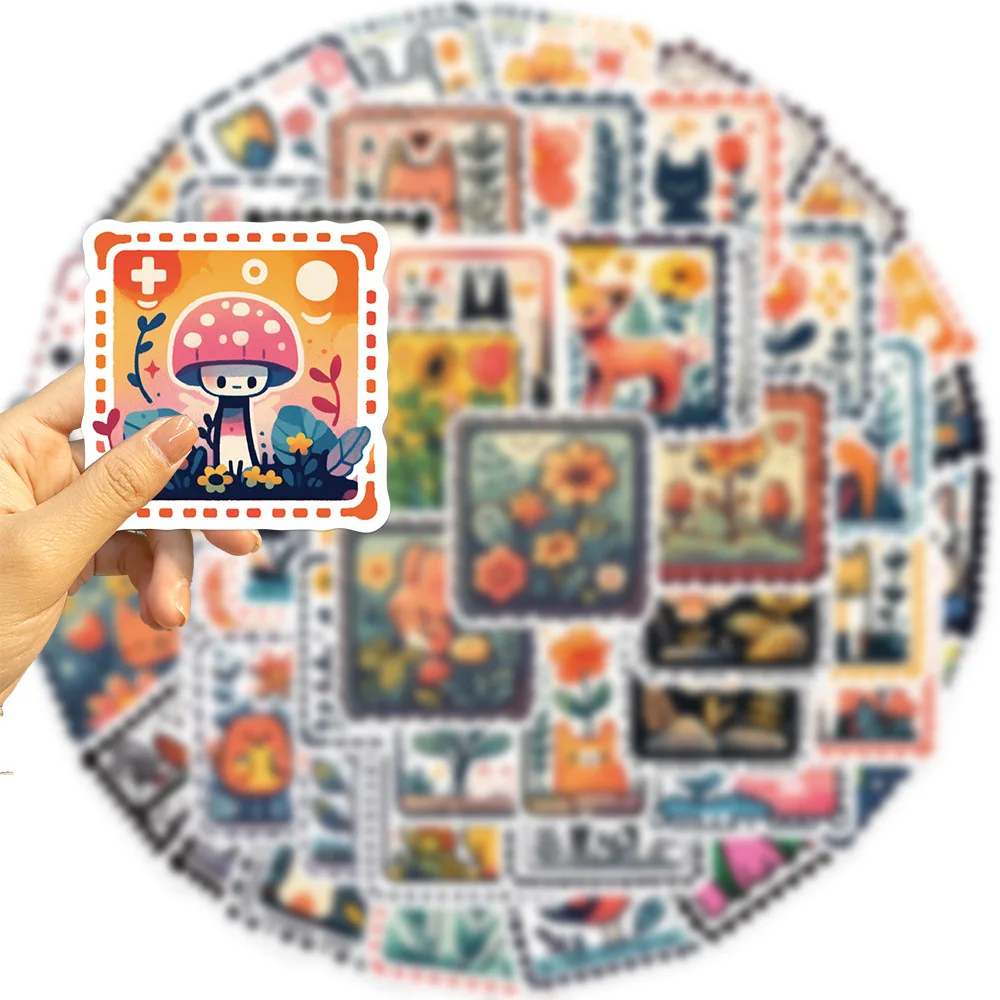 50Pcs Cute Animals Retro Stamp Stickers Cartoon Graffiti Style Stickers Decorative Waterproof Suitcase Notebook Thermos Cup