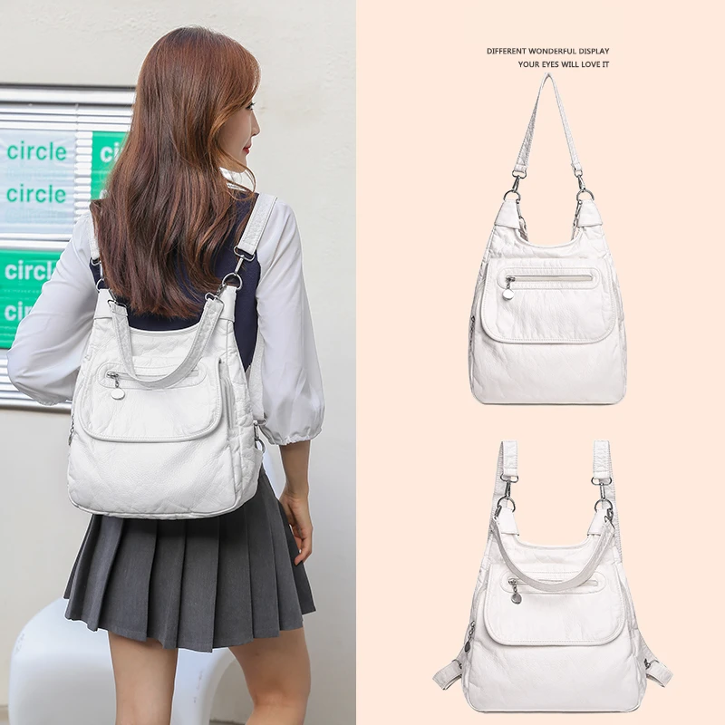 Fashion Leather Women\'s Backpack Multifunction Anti-thief Shoulder Bags White Ladies Travel Bag pack  For School Kawaii Backpack