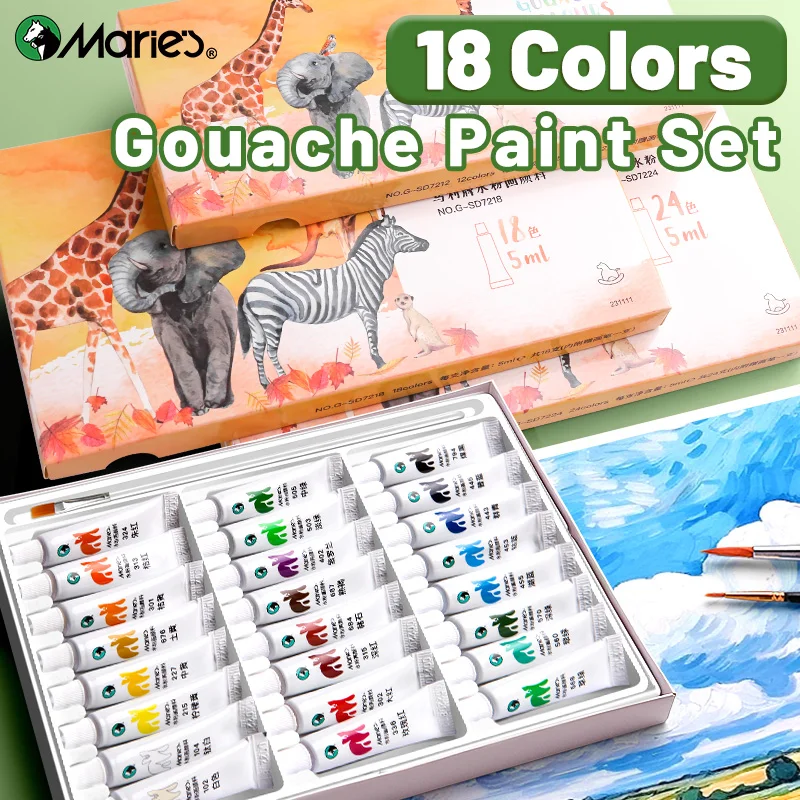 Marie's Gouache-Farbset, 18 Farben und 1 Pinsel für Leinwand, Papier, DIY-Projekte, Malerei für Erwachsene (5 ml pro Tube)