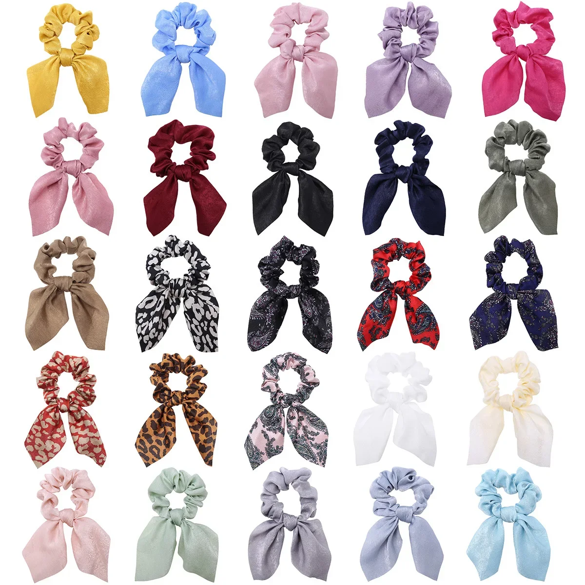 Women Silk Scrunchies Elastic Hair Ties Rabbit Ears Floral Leopard Print Hair Band Ponytail Hair Ropes Girls Accessories