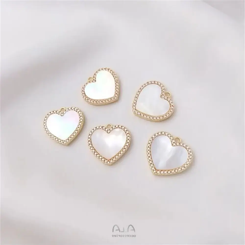 

Set with Natural Mother-of-pearl Micro-inlaid Zircon 14K Gold Peach Heart Pendant DIY Bracelet Necklace Jewelry Love Pendant