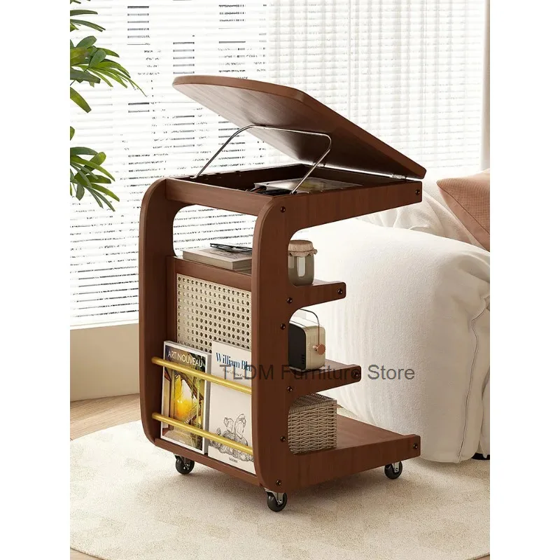 Cart Lift Top Magazine Rolling Side Rattan Table Multi Rack Tier Storage Panel Mobile End Table for Living Room Bedroom Sofa
