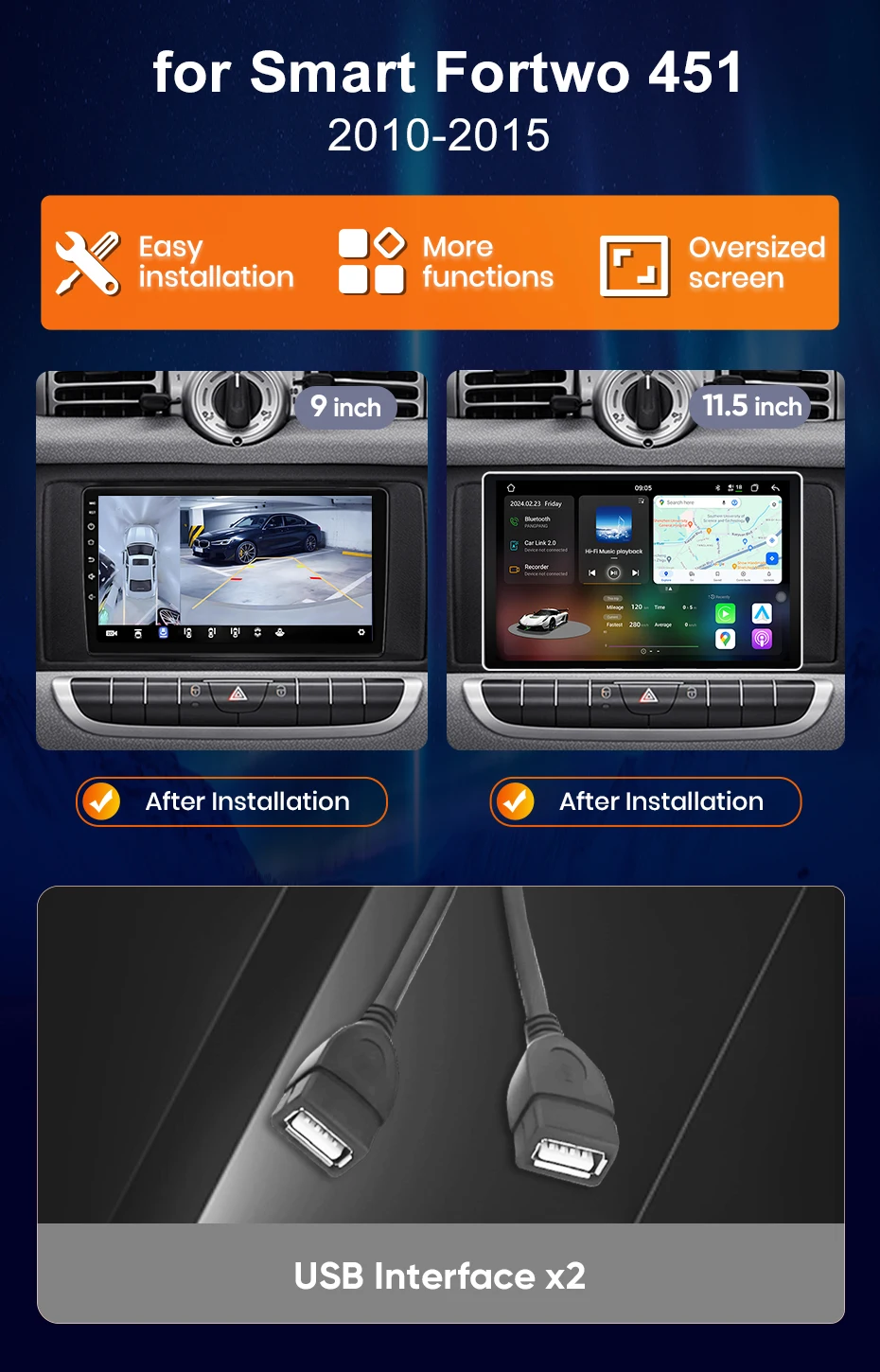 Junsun Wireless CarPlay Android Auto Autoradio für Mercedes Benz Smart Fortwo 451 2005-2015 8-Kern 4G WiFi GPS Navigation SWC RDS Multimedia Player Stereo – Detail 2