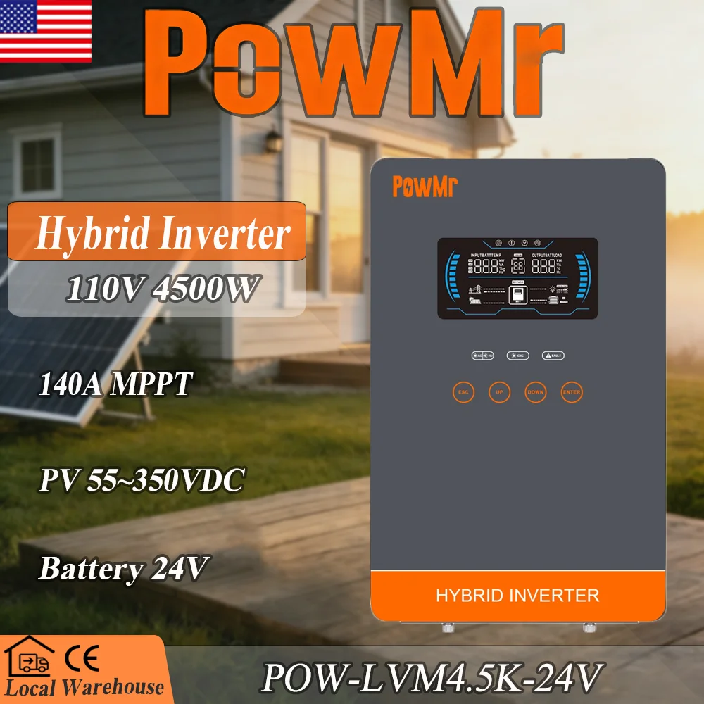 

POWMr 24V 4500W Solar Inverter 24VDC to 110VAC 140A MPPT Pure Sine Wave Off Grid Inverter with LCD Display Built in Lithium BMS Communication for Home RV Inversor