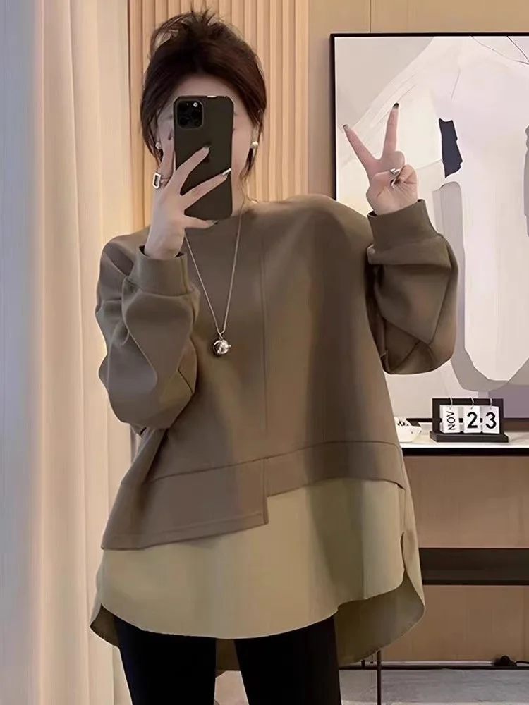 

Женская толстовка свободного кроя больших размеров с длинными рукавами и круглым вырезом, в стиле пэчворк, осенне-зимняя повседневная одежда для фигуры типа «груша»