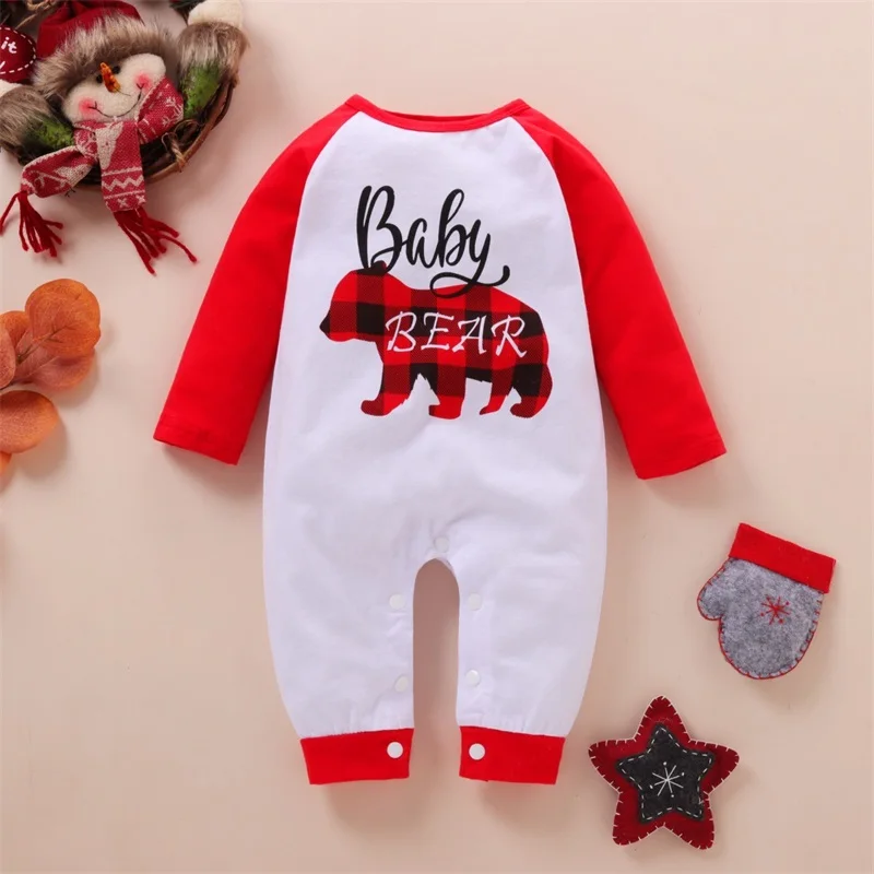 

Cute Infant Unisex Xmas Romper with Festive Letter Print Plaid Bear Design and Colorful Long Sleeve - Adorable Christmas