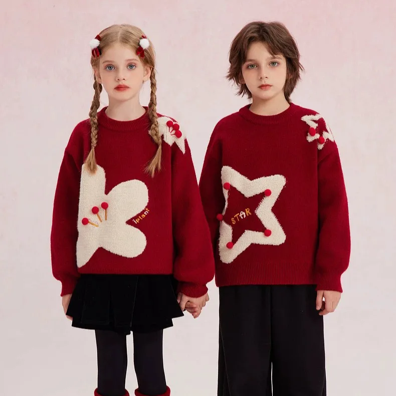 سترة الأخت والأخ لخريف وشتاء جديدة للأولاد والبنات، سترة محبوكة متعددة الاستخدامات لعيد الميلاد باللون الأحمر الخماسي