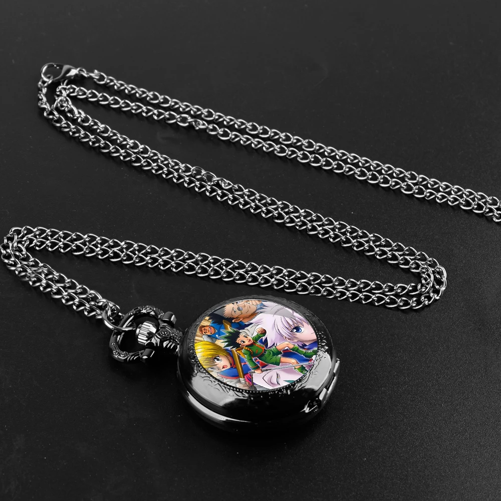 Anime Hunter × Hunter Orologio da tasca al quarzo nero con cupola in vetro con quadrante con numeri arabi e catena resistente, regalo retrò per uomini e donne