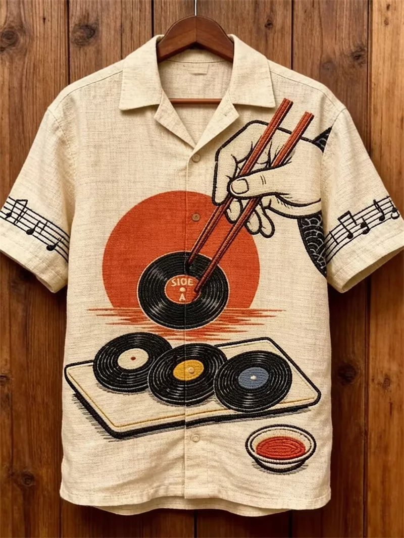 New men's retro vintage octopus seal carved text color blocked short sleeved shirt, Chinese style niche shirt