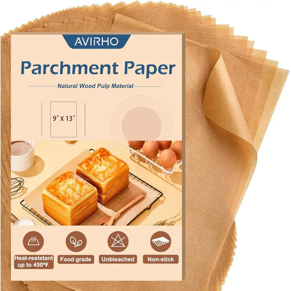 9x13 Inch Parchment Paper, 70 Count, Unbleached, Plant-Based Silicone Coated, Non-Stick Baking Sheets for Oven and Air Fryer Use