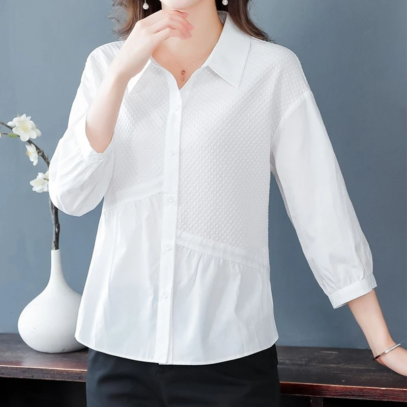 Cotton Elegant White Blouses Long Sleeve Korean Fit Spring Fall Shirts Chic Peplum Dobby Patchwork Office Blouse Top Women 2024