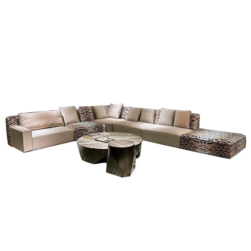 %w Living Room Modern Villa Leopard Print Corner L-Shaped Modular Sofa Set with High Density Sponge