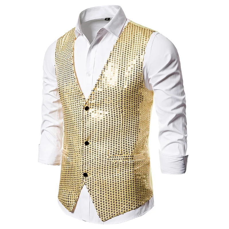 Men Sequin Vest Waistcoat Stage Wedding Party Casual Slim Groom Groomsman Men\'s Bling Formal Dress Vests die Veste 12 Colors V04