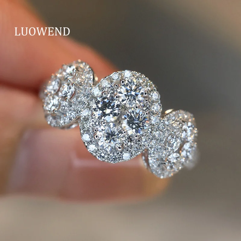 LUOWEND 100% 18K White Gold Rings Luxury Shiny Design 1.50carat Real Natural Diamond Cocktail Ring for Women High Party Jewelry