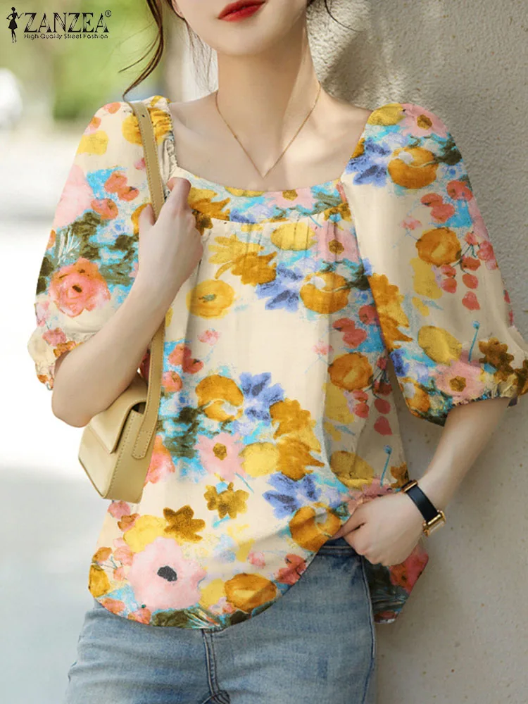 ZANZEA Women Floral Print Blouse 2023 Summer Top Korean Puff Half Sleeve Square Collar Blusas Casual Loose Shirt Bohemian Tunic