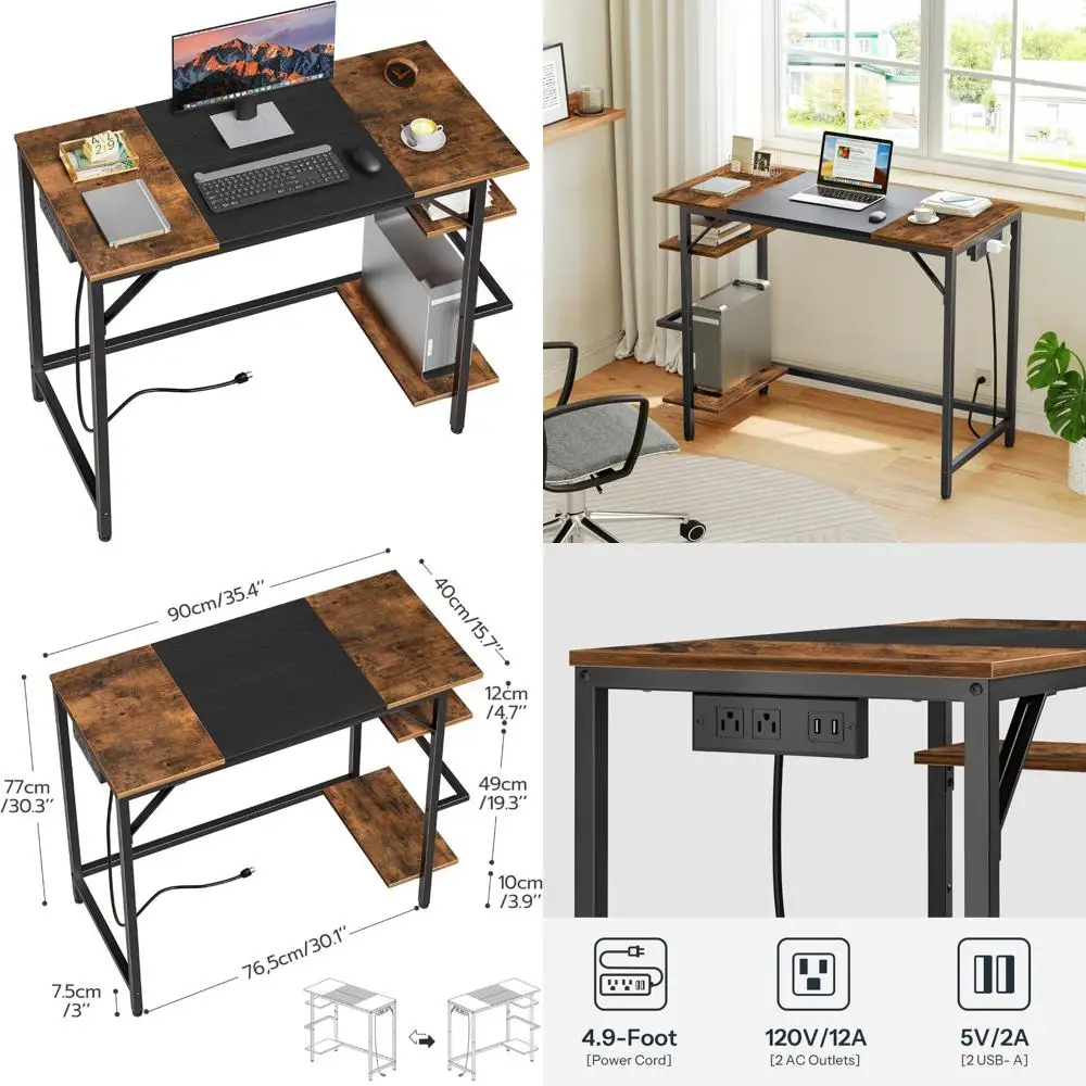 

Modern Compact Home Office Desk with Power Outlet and 2 Storage Shelves