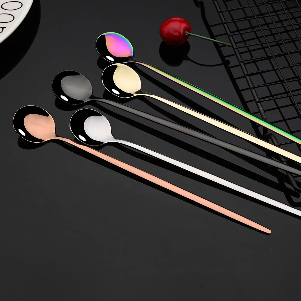 6Pcs Coffee Stirring Spoon Flatware Cutlery Set Juice Black Gold Tea Spoons Dinnerware Ice Cream Long Handle Scoop Kitchen Tools