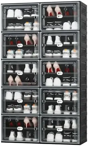 Black Shoe Storage Cabinet for 40 Pairs, Collapsible Plastic Shoe Organizer with Magnetic Clear Doors, 3-Step Tool-Free
