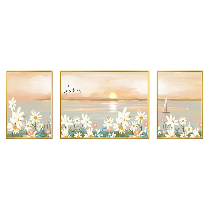 

Smooth sailing, living room decorative painting, healing department, sea view sofa background wall hanging sunrise flower mural