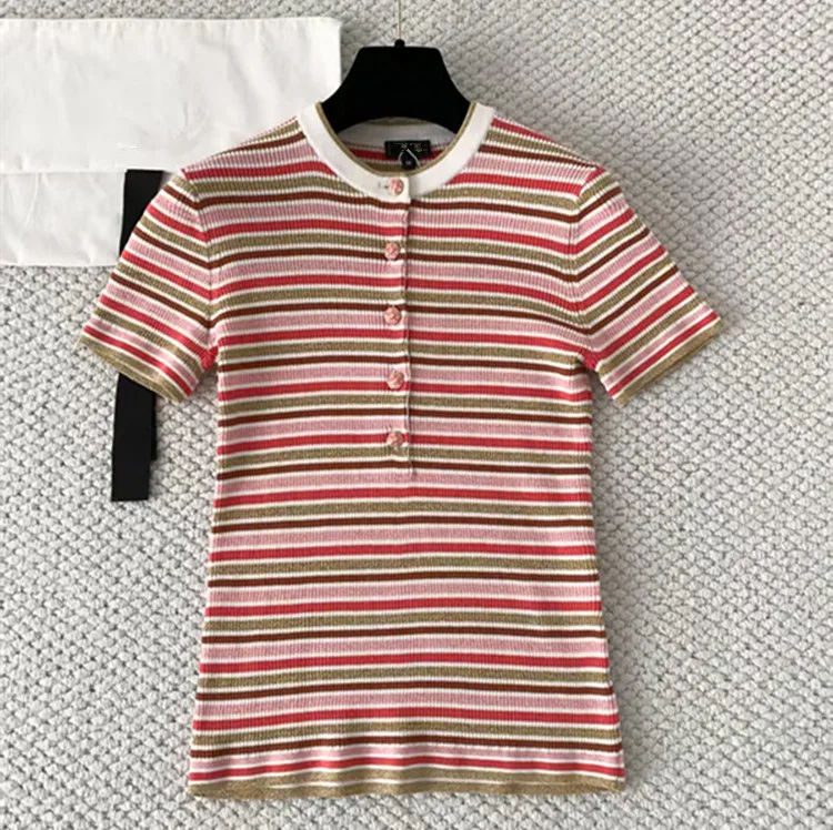 

Customization European women's fashion 2026 summer new collection Short-sleeved buttoned striped knitted sweater