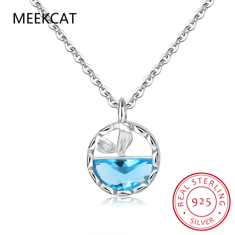 Collar con colgante de cola de ballena y Topacio azul cielo de Plata de Ley 925, cadena de cuello de cola de pez sirena para mujer, joyería fina BSN294