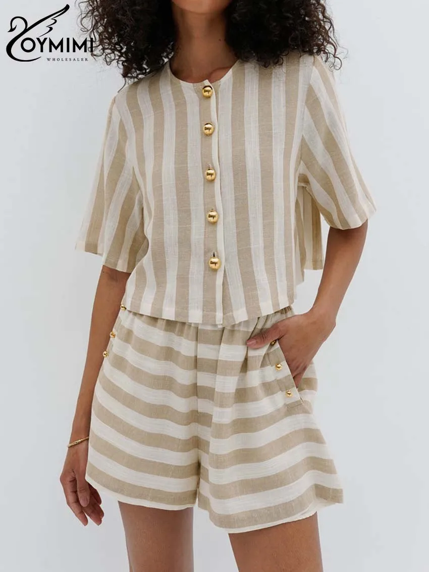 Oymimi Elegamt Apricot Striped Print Women 2 Piece Set Outfit Casual O-Neck Short Sleeve Single Breasted Shirts And Shorts Sets