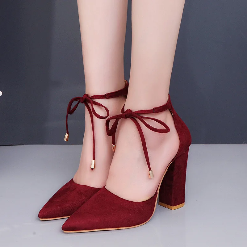 Sexy Pointed Toe Ladies Shoes Square High Heels Lace Up Women Pumps 2024 Wedding Strap Blue Woman Shoes Zapatos Mujer Size 43