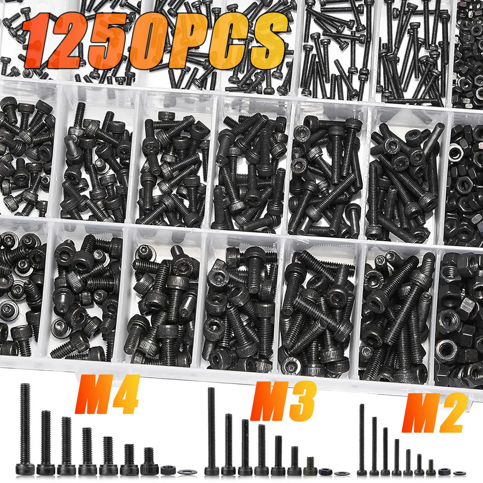 1250PCS M2 M3 M4 Metric Bolt Kit, 4-30MM Hex Socket Cap Screws, 12.9 Alloy Steel Machine Bolts Nuts Washers Assortment