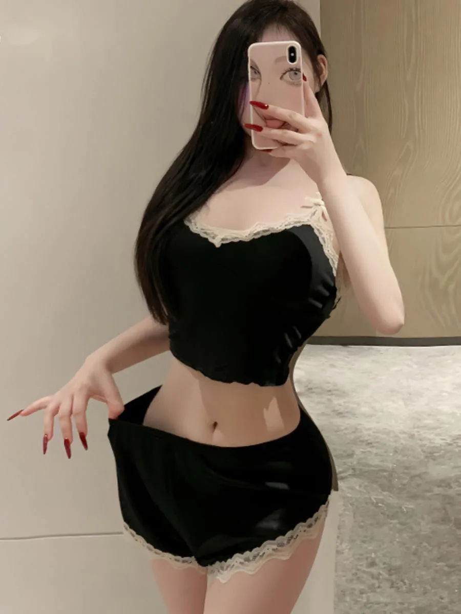 

Новые шорты-бретельки с подкладкой Pure Desire, комплекты из двух предметов, сексуальные пижамы из двух предметов с глубоким V-образным вырезом, женские комплекты домашней одежды с шортами 1UWJ