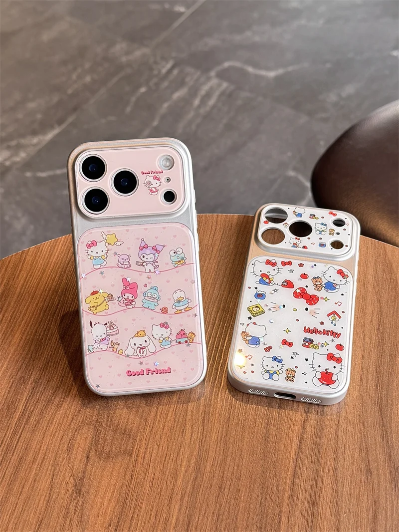 

Kawaii Characters Hello Kitty Glitter Phone Case For iPhone 15 16 17 Pro Max INS Cute Sweet Style Large Window Shockproof