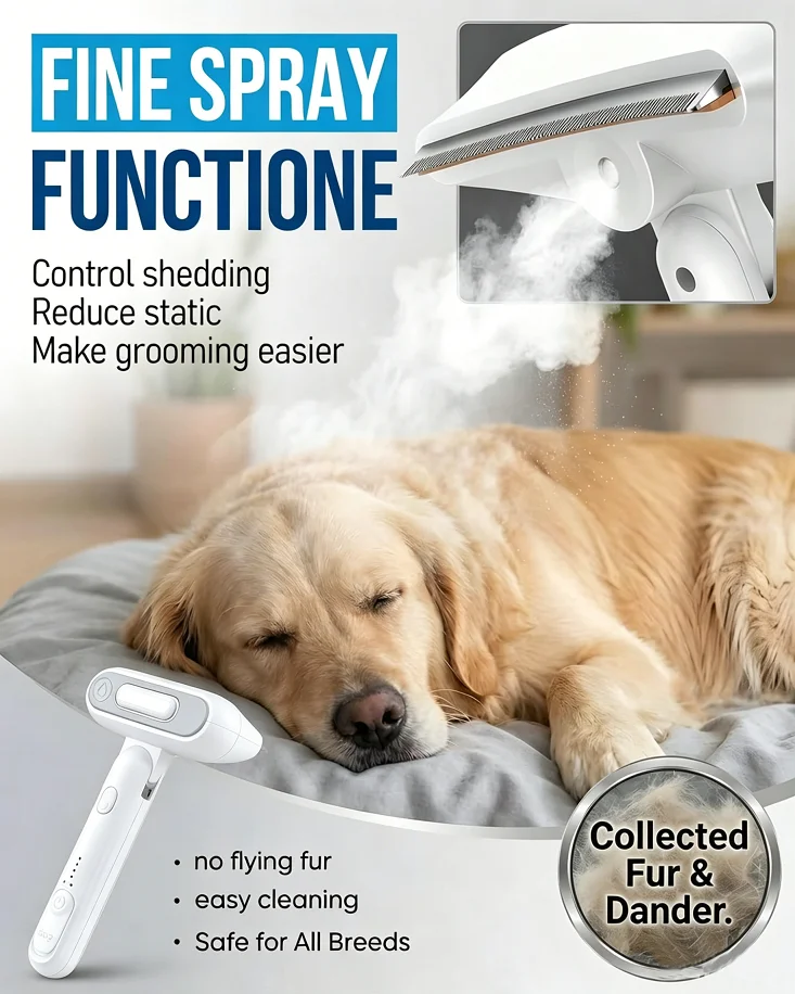 Small Spray Deshedding Brush for Cats Dogs 2-in-1 Mist Grooming Tool Undercoat Removal Anti-Static Self Cleaning Foldable