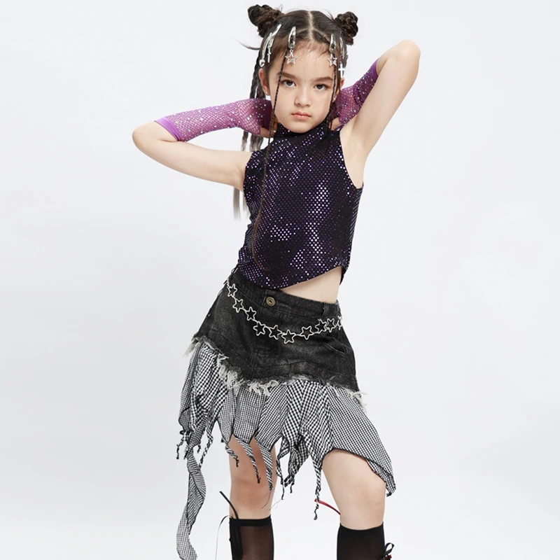 Children'S Kpop Stage Outfits Sequins Vest Irregular Skirt Girls Cheerleading Jazz Dance Costume Kids Hip Hop Clothing XS8304